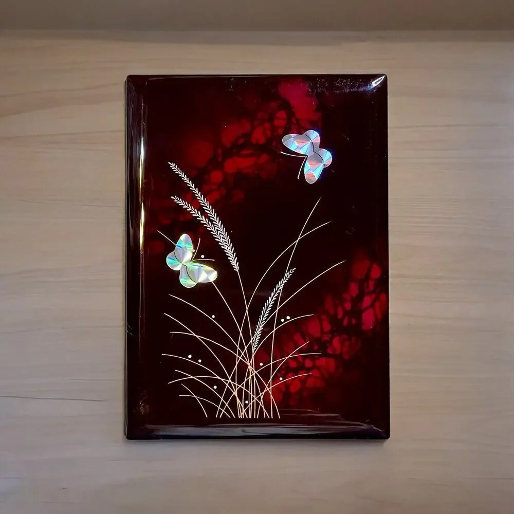 VTG Japanese Laquer Address Book Calla Lily Grass Silver Foil Butterflies Japan